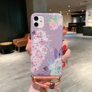 For iPhone 12 mini Laser Pattern Soft TPU Protective Case with Shoulder Strap(Gray Background Pink Flower)