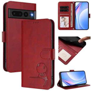 For Google Pixel 7 Pro Litter Panda Embossing RFID Leather Phone Case with Lanyard(Wine Red)