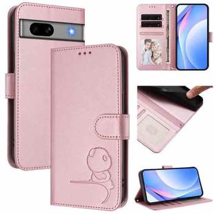 For Google Pixel 7a Litter Panda Embossing RFID Leather Phone Case with Lanyard(Pink)