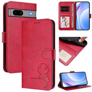 For Google Pixel 7a Litter Panda Embossing RFID Leather Phone Case with Lanyard(Rose Red)