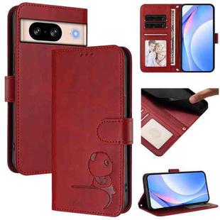 For Google Pixel 8 Litter Panda Embossing RFID Leather Phone Case with Lanyard(Wine Red)