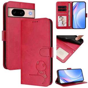 For Google Pixel 8a Litter Panda Embossing RFID Leather Phone Case with Lanyard(Rose Red)