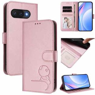 For Google Pixel 9a Litter Panda Embossing RFID Leather Phone Case with Lanyard(Pink)