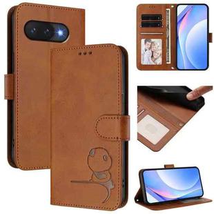 For Google Pixel 9a Litter Panda Embossing RFID Leather Phone Case with Lanyard(Brown)