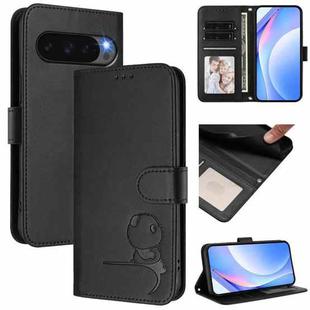 For Google Pixel 9 / 9 Pro Litter Panda Embossing RFID Leather Phone Case with Lanyard(Black)