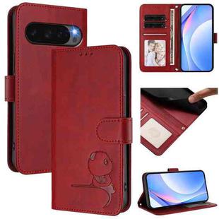 For Google Pixel 9 / 9 Pro Litter Panda Embossing RFID Leather Phone Case with Lanyard(Wine Red)
