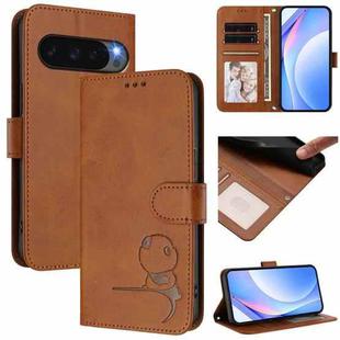 For Google Pixel 9 / 9 Pro Litter Panda Embossing RFID Leather Phone Case with Lanyard(Brown)