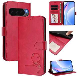 For Google Pixel 10 Pro XL / 9 Pro XL Litter Panda Embossing RFID Leather Phone Case with Lanyard(Rose Red)