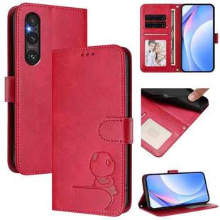 For Sony Xperia 1 V Litter Panda Embossing RFID Leather Phone Case with Lanyard(Rose Red)