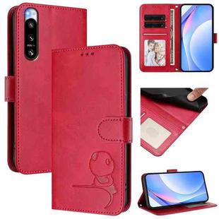 For Sony Xperia 5 IV Litter Panda Embossing RFID Leather Phone Case with Lanyard(Rose Red)