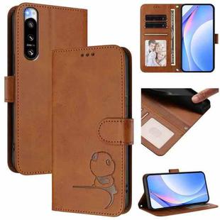 For Sony Xperia 5 IV Litter Panda Embossing RFID Leather Phone Case with Lanyard(Brown)