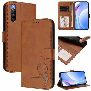For Sony Xperia 10 V Litter Panda Embossing RFID Leather Phone Case with Lanyard(Brown)