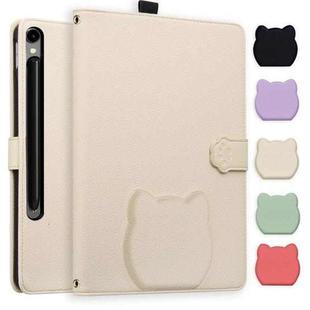 For Samsung Galaxy Tab S10 FE+ Cat Skin-feel Litchi Leather Tablet Case(Apricot White)