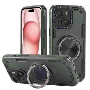 For iPhone 15 Three-core Mecha 360 Degree Rotation Magnetic Holder Phone Case(Army Green)