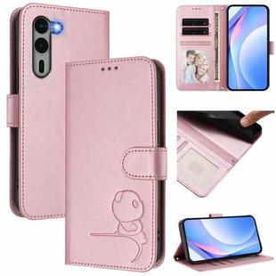 For Fujitsu Arrows We2 Plus F-51E Litter Panda Embossing RFID Leather Phone Case with Lanyard(Pink)