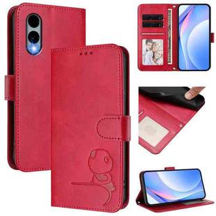For Fujitsu Arrows We2 F-52E Litter Panda Embossing RFID Leather Phone Case with Lanyard(Rose Red)