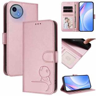 For Sharp Aquos wish5 Litter Panda Embossing RFID Leather Phone Case with Lanyard(Pink)