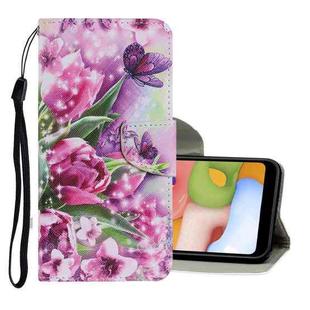 For Samsung Galaxy A01 Coloured Drawing Pattern Horizontal Flip PU Leather Case with Holder & Card Slots & Wallet & Lanyard(Rose Butterfly)