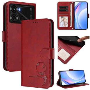 For itel P40 Litter Panda Embossing RFID Leather Phone Case with Lanyard(Wine Red)