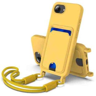 For iPhone 16e Integrated Card Bag Solid Color Liquid Silicone Phone Case Gen2 with Short Lanyard(Yellow)