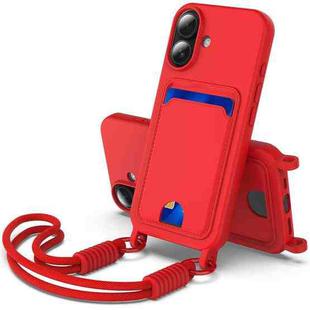 For iPhone 16 Integrated Card Bag Solid Color Liquid Silicone Phone Case Gen2 with Short Lanyard(Red)