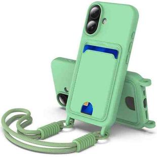 For iPhone 16 Integrated Card Bag Solid Color Liquid Silicone Phone Case Gen2 with Short Lanyard(Green)