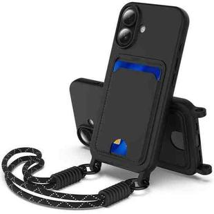 For iPhone 16 Integrated Card Bag Solid Color Liquid Silicone Phone Case Gen2 with Short Lanyard(Black)