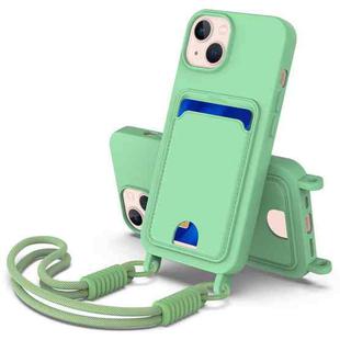 For iPhone 15 Plus / 14 Plus Integrated Card Bag Solid Color Liquid Silicone Phone Case Gen2 with Short Lanyard(Green)