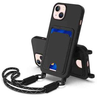 For iPhone 15 Plus / 14 Plus Integrated Card Bag Solid Color Liquid Silicone Phone Case Gen2 with Short Lanyard(Black)