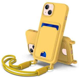 For iPhone 15 Plus / 14 Plus Integrated Card Bag Solid Color Liquid Silicone Phone Case Gen2 with Short Lanyard(Yellow)