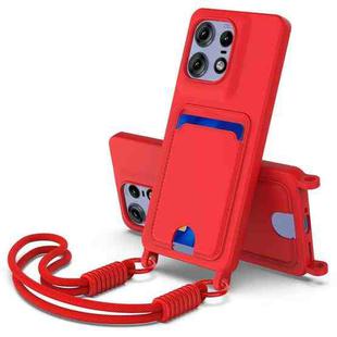 For Motorola Edge 50 Pro Integrated Card Bag Solid Color Liquid Silicone Phone Case Gen2 with Short Lanyard(Red)