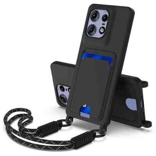 For Motorola Edge 50 Pro Integrated Card Bag Solid Color Liquid Silicone Phone Case Gen2 with Short Lanyard(Black)