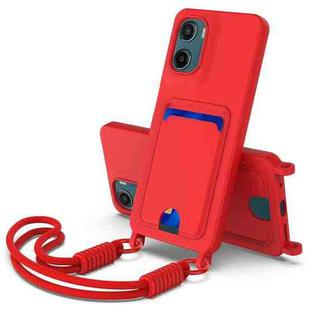 For Motorola Moto G05 / E15 4G Integrated Card Bag Solid Color Liquid Silicone Phone Case Gen2 with Short Lanyard(Red)