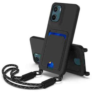 For Motorola Moto G05 / E15 4G Integrated Card Bag Solid Color Liquid Silicone Phone Case Gen2 with Short Lanyard(Black)