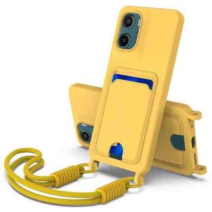 For Motorola Moto G05 / E15 4G Integrated Card Bag Solid Color Liquid Silicone Phone Case Gen2 with Short Lanyard(Yellow)