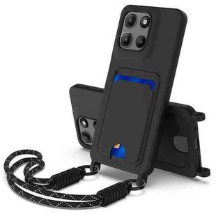 For Motorola Moto G15 / G15 Power Integrated Card Bag Solid Color Liquid Silicone Phone Case Gen2 with Short Lanyard(Black)
