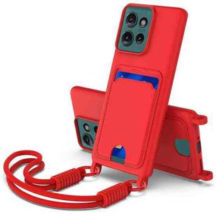 For Motorola Edge 50 Integrated Card Bag Solid Color Liquid Silicone Phone Case Gen2 with Short Lanyard(Red)