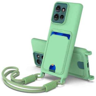 For Motorola Edge 50 Integrated Card Bag Solid Color Liquid Silicone Phone Case Gen2 with Short Lanyard(Green)