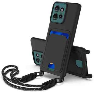 For Motorola Edge 50 Integrated Card Bag Solid Color Liquid Silicone Phone Case Gen2 with Short Lanyard(Black)