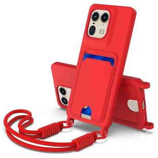 For Motorola Edge 50 Ultra Integrated Card Bag Solid Color Liquid Silicone Phone Case Gen2 with Short Lanyard(Red)