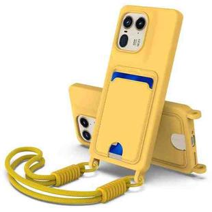 For Motorola Edge 50 Ultra Integrated Card Bag Solid Color Liquid Silicone Phone Case Gen2 with Short Lanyard(Yellow)
