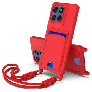 For Motorola Edge 60 Pro Integrated Card Bag Solid Color Liquid Silicone Phone Case Gen2 with Short Lanyard(Red)