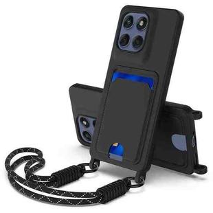 For Motorola Edge 60 Pro Integrated Card Bag Solid Color Liquid Silicone Phone Case Gen2 with Short Lanyard(Black)