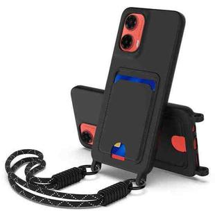 For Motorola Moto G35 5G Integrated Card Bag Solid Color Liquid Silicone Phone Case Gen2 with Short Lanyard(Black)