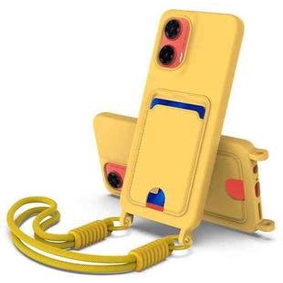 For Motorola Moto G35 5G Integrated Card Bag Solid Color Liquid Silicone Phone Case Gen2 with Short Lanyard(Yellow)