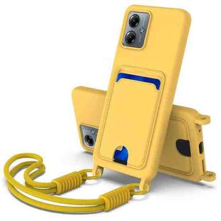 For Motorola Moto G14 4G Integrated Card Bag Solid Color Liquid Silicone Phone Case Gen2 with Short Lanyard(Yellow)