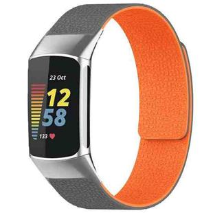 For Fitbit Charge 5 / Charge 6 xDfind Litchi Texture Magnetic Silicone Watch Band(Grey Orange)