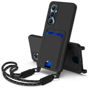 For Realme C65 4G Integrated Card Bag Solid Color Liquid Silicone Phone Case Gen2 with Short Lanyard(Black)