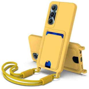 For Realme C65 4G Integrated Card Bag Solid Color Liquid Silicone Phone Case Gen2 with Short Lanyard(Yellow)
