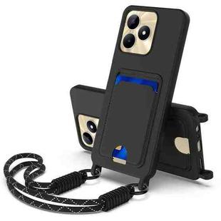 For Realme Narzo N53 / Note 50 4G Integrated Card Bag Solid Color Liquid Silicone Phone Case Gen2 with Short Lanyard(Black)